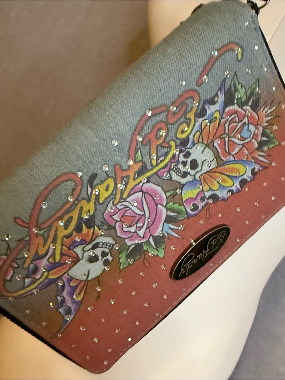 Ed Hardy Christian Audigier ZipAround Wallet Wristlet Tattoo Art Rhinestones NWT